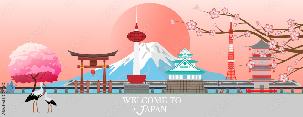 Naklejka premium Panoramiczna pocztówka podróżna, reklama wycieczek po Japonii. Ilustracji wektorowych.