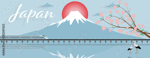 Panorama travel postcard, tour advertising of of Japan. Vector illustration.