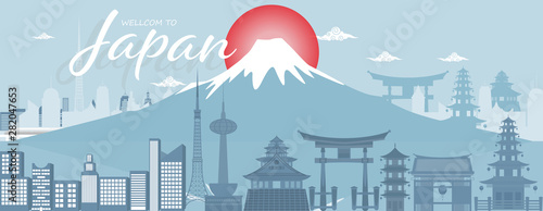 Panorama travel postcard, tour advertising of of Japan. Vector illustration.