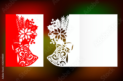Laser cut Christmas card template with christmas bells, snowflakes, holly leaves and flower. Invitation for Christmas party. Image suitable for laser cutting, plotter cutting or printing.