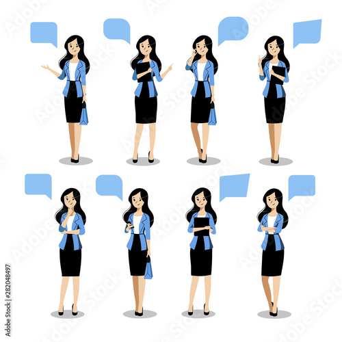 Young business woman set in different poses. Vector flat illustration. Female cartoon characte, isolated design elements