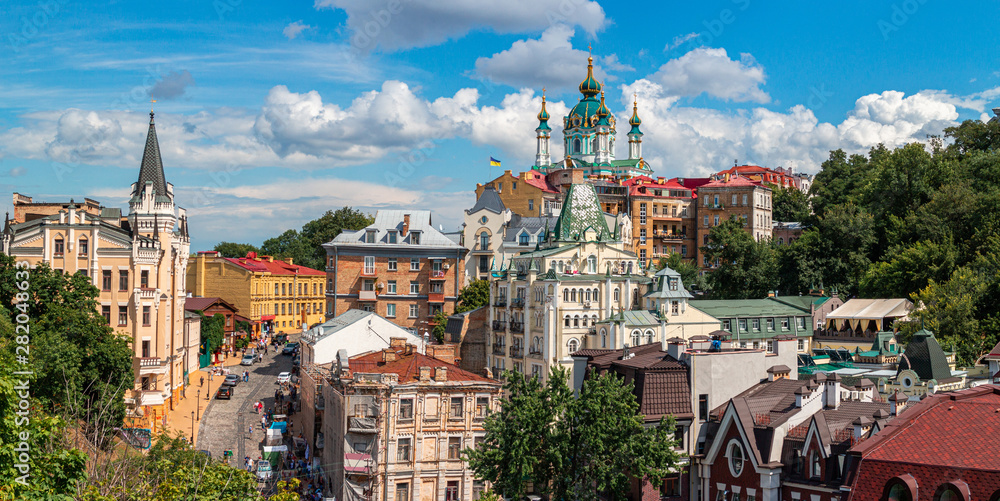 Andrew descent, Andriyivski uzviz with ancient buildings and famous St. Andrew or Andriivska Church, historical district of Kyiv city in Ukraine