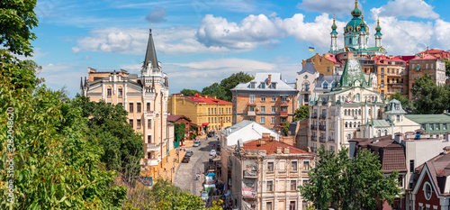Andrew descent, Andriyivski uzviz with ancient buildings and famous St. Andrew or Andriivska Church, historical district of Kyiv city in Ukraine