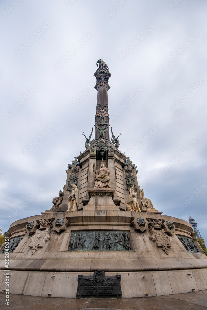 Barcelona, Spain. The Columbus monument or The Colon (Mirador de Colom) is a 60 m tall monument to Christopher Columbus in honour to Columbus first voyage to the Americas