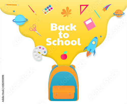 Back to school banner, backpack with study supplies, stationery. Spaceship, comet, planet.