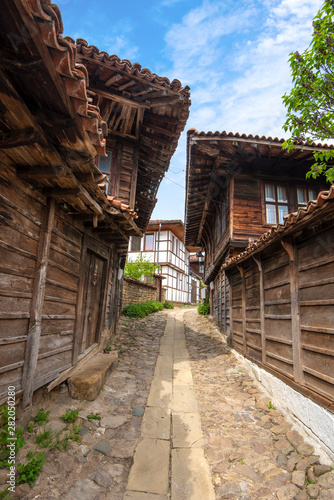 Revival traditional bulgarian houses of the nineteenth century in historical old town of Kotel, Sliven Region, Bulgaria. Heritage monument of culture in spring time © mitzo_bs