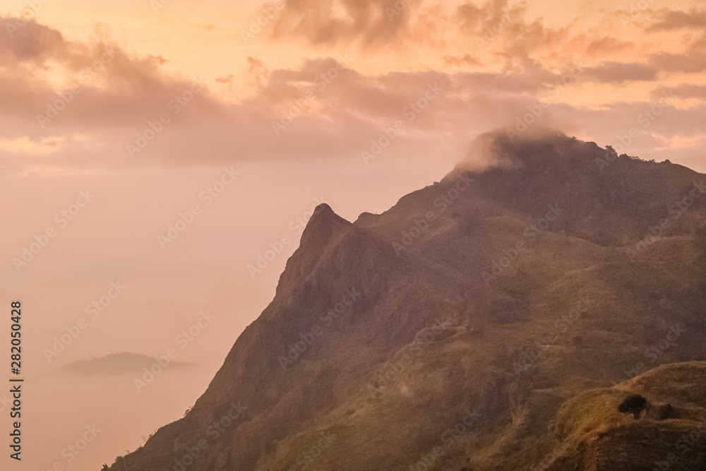 Mountain view misty morning of Peak mountain around with soft fog, sunrise at Pha Tang, Chiang Rai, northern of Thailand.