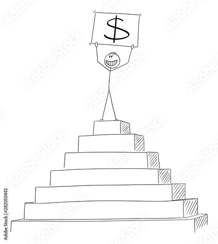 Vector cartoon stick figure drawing conceptual illustration of successful man or businessman celebrating financial success on the peak of the pyramid with dollar sign in hands.