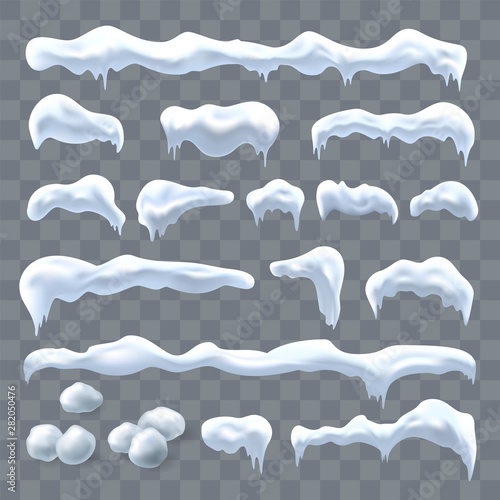 Snow ice icicle set Winter design. White blue snow ball template. Snowy frame decoration isolated transparent background. 3D realistic cap. Christmas, New Year frozen ice texture. Vector illustration