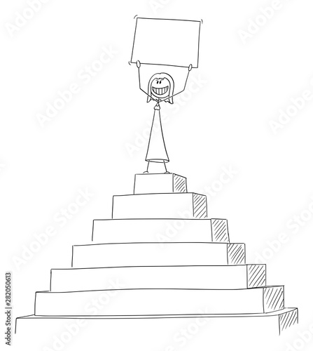 Vector cartoon stick figure drawing conceptual illustration of successful woman or businesswoman celebrating success on the peak of the pyramid with empty sign in hands.