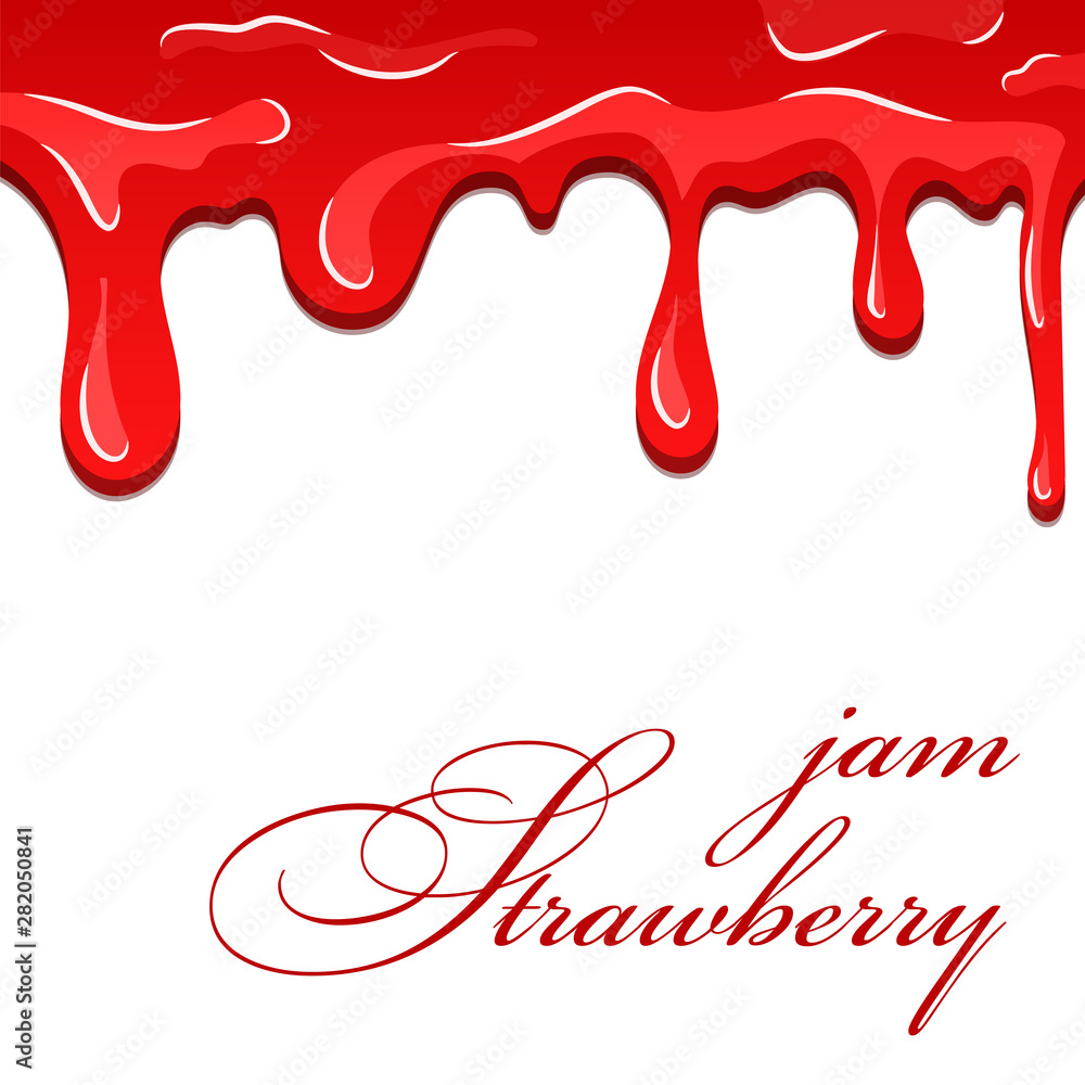 Strawberry flowing jam. Dripping strawberry sweet dessert, isolated white background. Candy caramel texture. Melt red sause liquid. Berry syrup confiture delicious. Cartoon design. Vector illustration