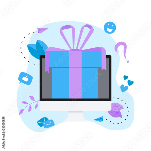 Online gift box. Promotion of online store or shop loyalty program and bonus. Vector illustration for advertisement.