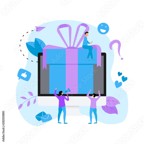 Online gift box. Promotion of online store or shop loyalty program and bonus. Vector illustration for advertisement.