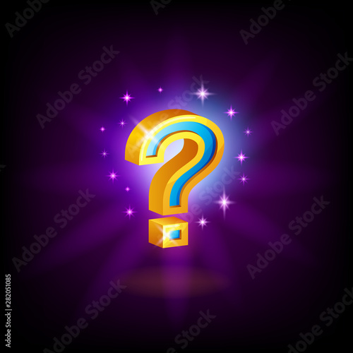Gold-blue question mark slot icon with sparkles for online casino or mobile game, vector illustration on dark purple background.