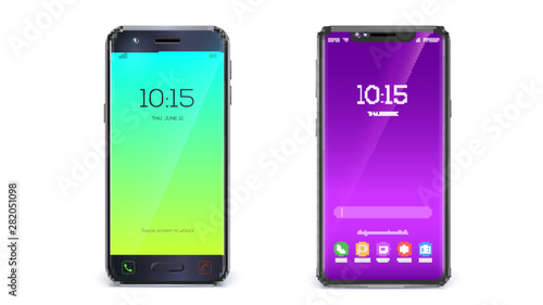 Concept of touch screen smartphones. Different design of body, UI design. Colorful application interface with icons and buttons isolated on white background. Mobile phones, Vector 3d illustration.