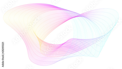 Abstract composition with twisted colored lines. Radial dynamic flowing waves. Graphics concept of flow, music, technology. Vector design elements for covers. Abstract wavy spun stripes, mixed color