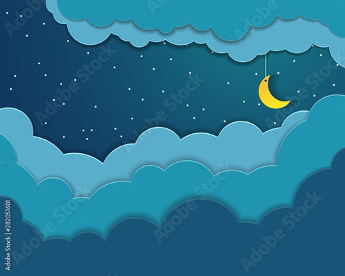 night sky with stars and moon. paper art style.Vector of a crescent moon with stars on a cloudy night sky. Moon and stars background.Vector EPS 10.