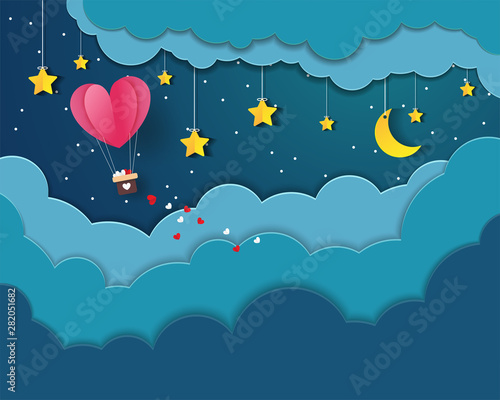 concept of love and valentine day.valentines day background with hot air, hearts and clouds. Vector EPS 10