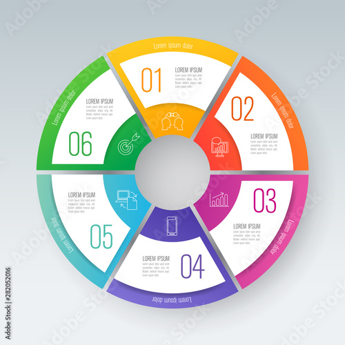 Infographics design paper art style and business icons with 6 options. Use in corporate report, marketing, annual report. Network management data screen with charts, diagrams.