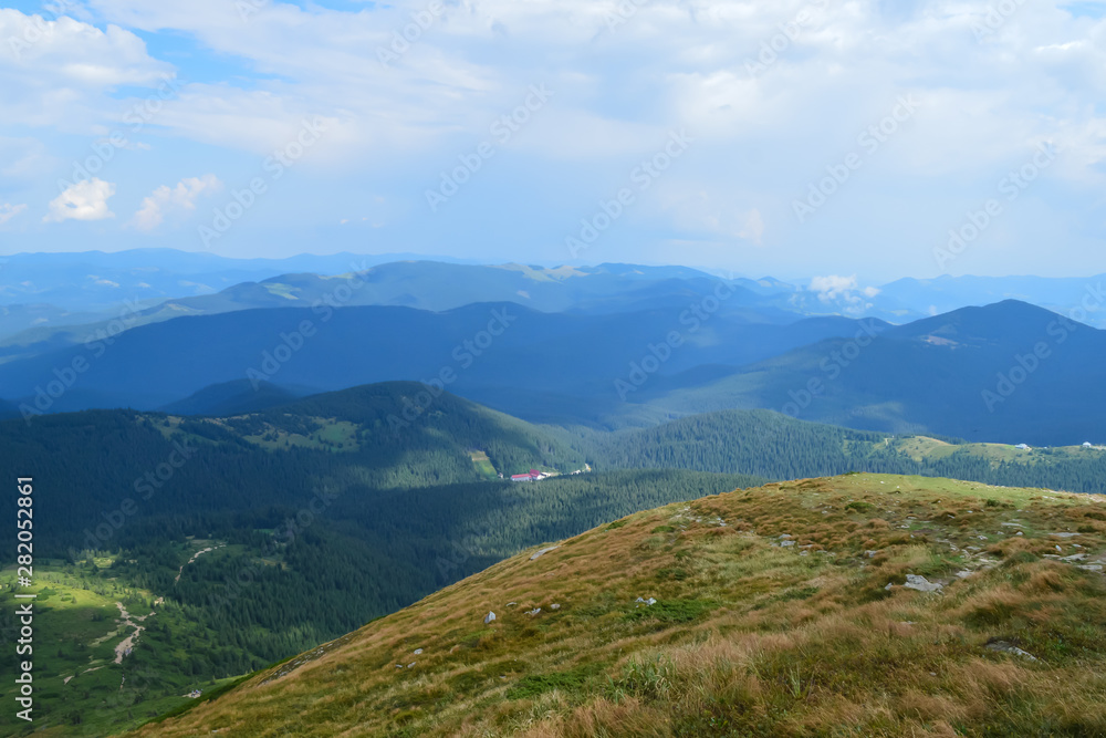 Panoramic view on way to Hoverla, Carpathian mountains, Ukraine. Horizontal outdoors shot