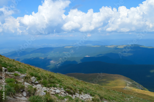 Panoramic view from Hoverla, Carpathian mountains, Ukraine. Horizontal outdoors shot