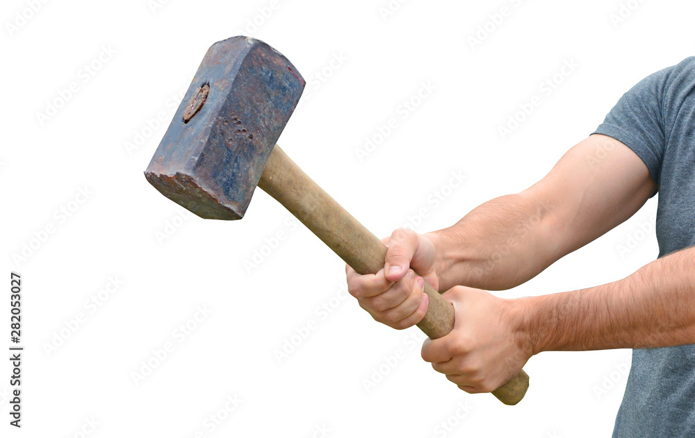 Hit and destroy concept. Strong man's hands with a sledgehammer isolated on white. - obrazy, fototapety, plakaty 