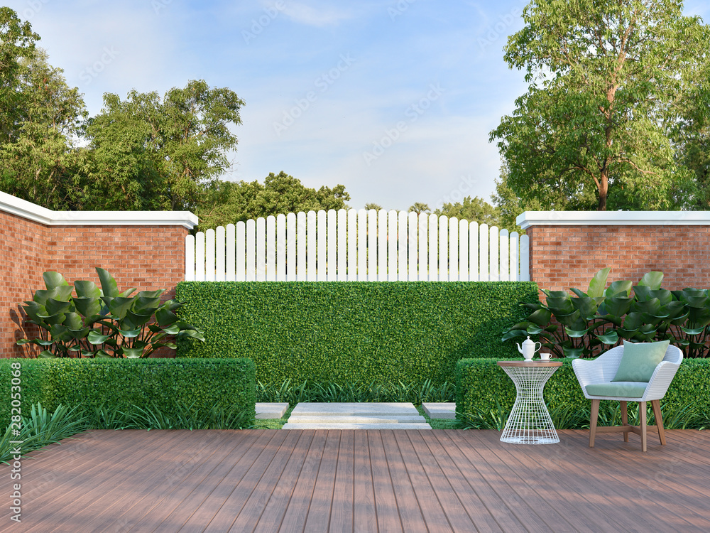 White chair in the green garden 3d render,  There are a wooden floor terrace,white wood plank and orange brick wall fence,decorated with white weave chair and green fabric pillow. - obrazy, fototapety, plakaty 
