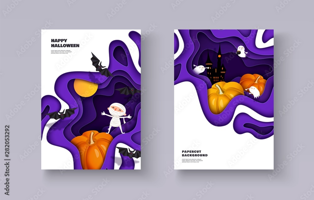 Obraz premium Happy Halloween 3d papercut layered design. Mummy, pumpkin, bat, castle, ghost, moon. Set of banners, flyers, posters with multilayered effect. Vector illustration A4