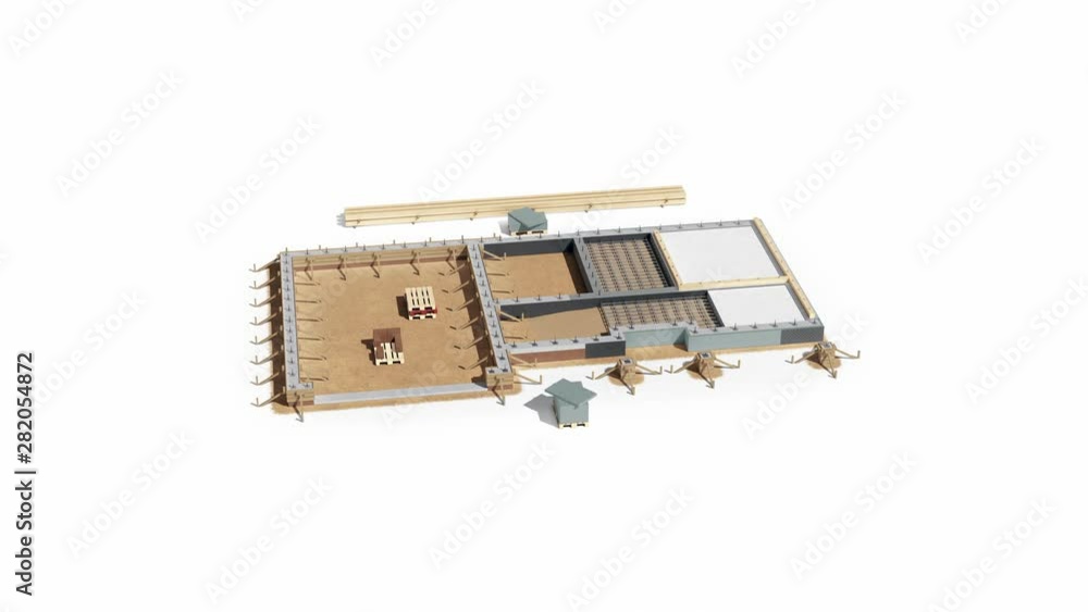 Timber Build Animation Set 1 Clip 1 of 7. Creating foundation for wood frame construction ...