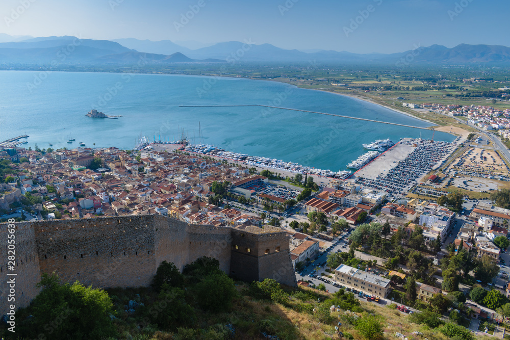 Nafplio city view from Palamidi castle.with Bourtzi caslte in the background