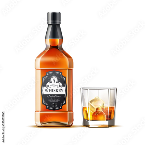 Realistic whiskey glass and bottle. Traditional alcohol drink bottles mockup. Brandy, scotch brown beverage bottles. Vector strong alcohol drinks.