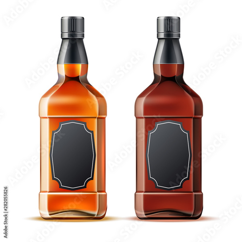 Realistic whiskey glass bottle set. Traditional alcohol drink bottles mockup. Brandy, scotch brown beverage bottles. Vector strong alcohol drinks.