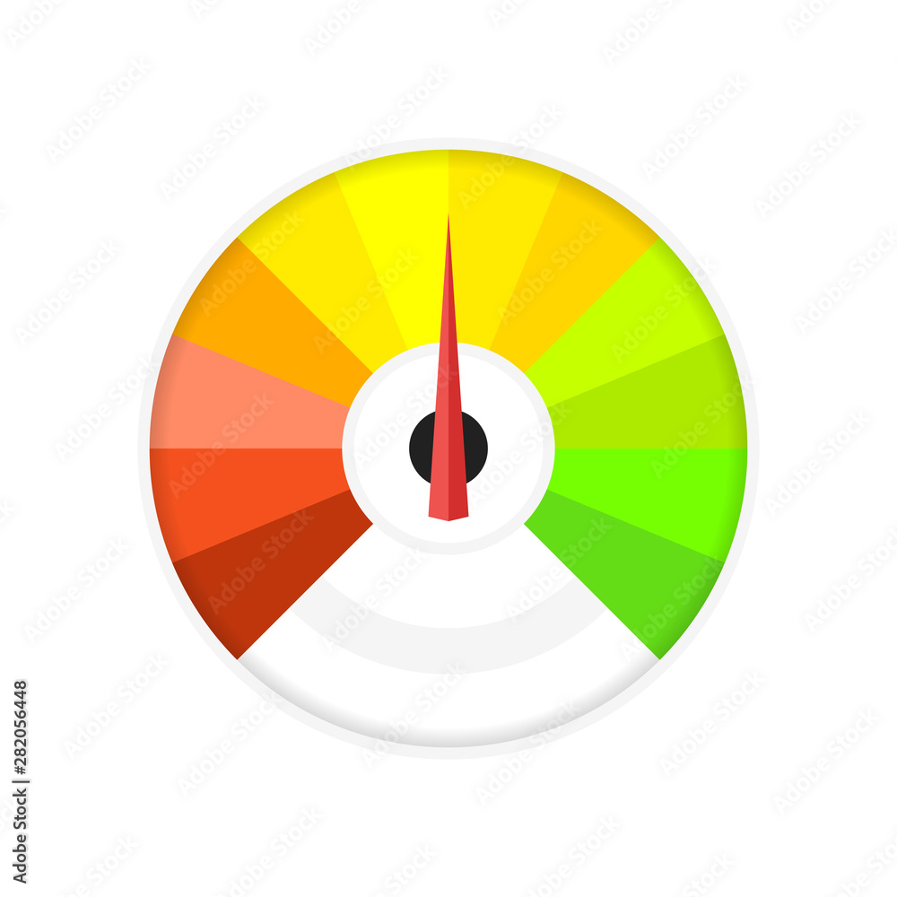 Round temperature gauge, isolated on white background. Colored measuring semicircle scale in flat style. Template of circle barometer or indicator Vector Round temperature gauge, isolated on white background. Colored measuring semicircle scale in flat style. Template of circle barometer or indicator Vector