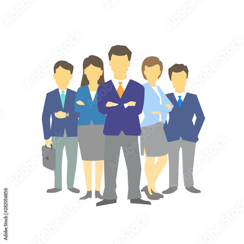A group of people, workers team of businessmen. Teamwork. Work partnership leadership. Men and women in business clothes. Vector flat.