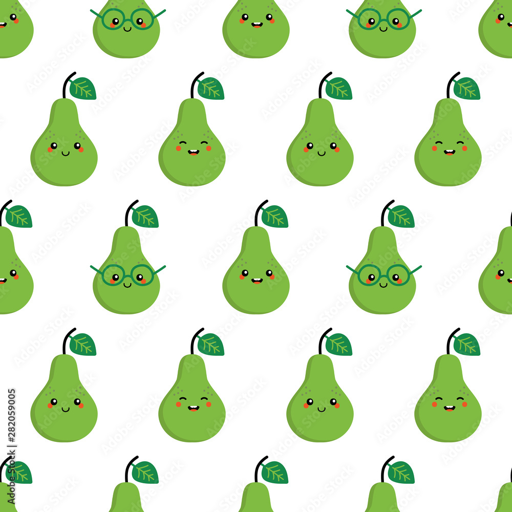 Obraz premium Vector seamless pattern background with cute smiling green pear characters.