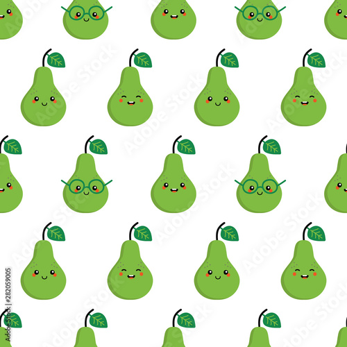 Vector seamless pattern background with cute smiling green pear characters.