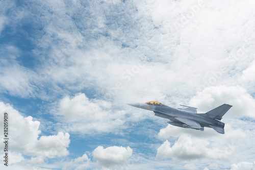 The fighter plane trained to fly in the sky