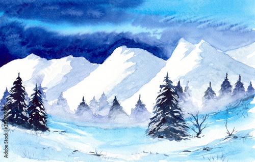  Watercolor picture of a snowy landscape with firs and mountains © Мария Тарасова