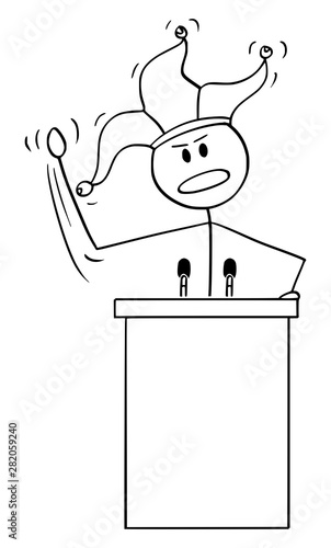 Vector cartoon stick figure drawing conceptual illustration of fool or foolish man, businessman or politician having speech behind lectern with jester hat.