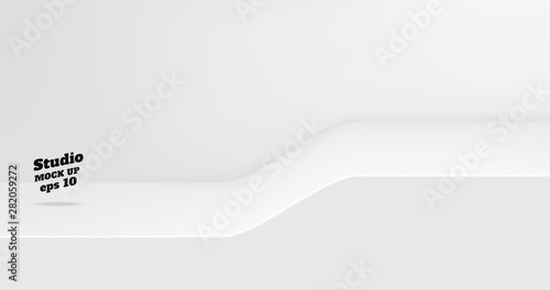 Vector Empty white studio table with slope step room background ,product display with copy space for display of content design.Banner for advertise product on website.