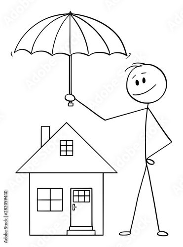 Vector cartoon stick figure drawing conceptual illustration of man, businessman or insurance agent holding umbrella protecting family house.