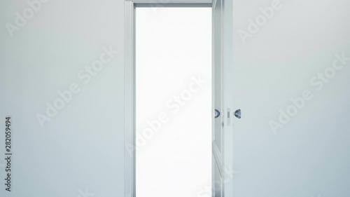 White classic design door opening to white background, alpha matte. 60 fps animation.