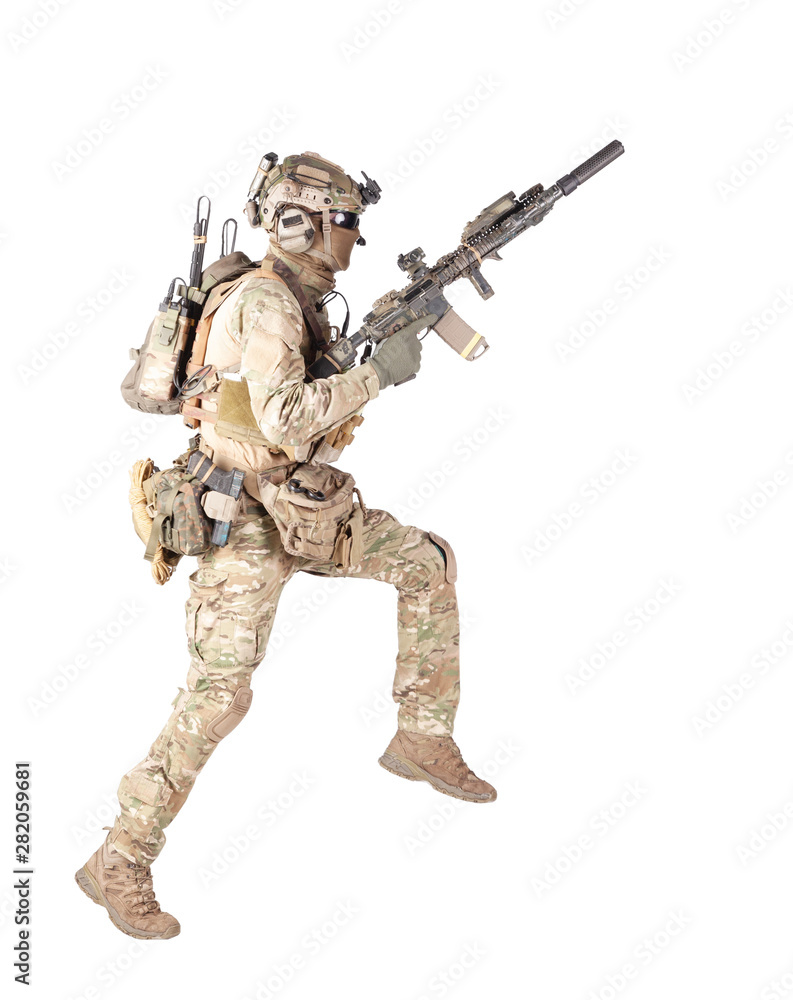 Running soldier with rifle isolated studio shoot Running soldier with rifle isolated studio shoot