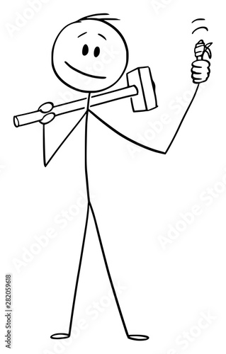 Vector cartoon stick figure drawing conceptual illustration of man or construction worker with big hammer showing thumb up gesture with injured finger.