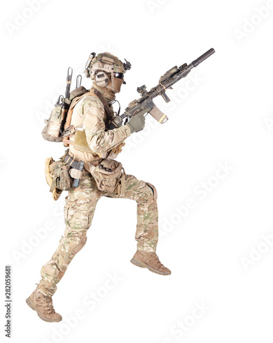 Running soldier with rifle isolated studio shoot