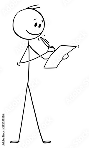 Vector cartoon stick figure drawing conceptual illustration of smiling man or businessman writing with ballpoint pen on sheet of paper.