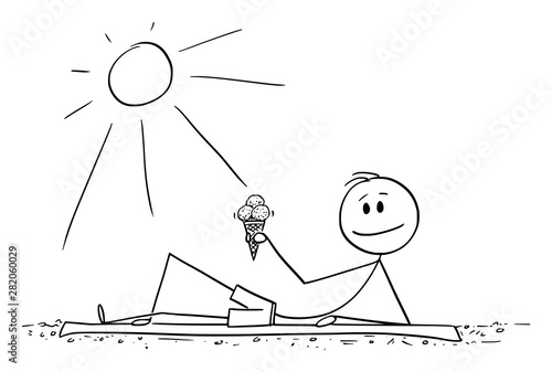 Vector cartoon stick figure drawing conceptual illustration of man lying on beach and enjoying sunny day or summer with ice cream cone in hand.