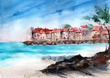 Watercolor illustration of the old town near the sea coast with colorful houses, aquamarine sea, bright blue sky and sandy beach