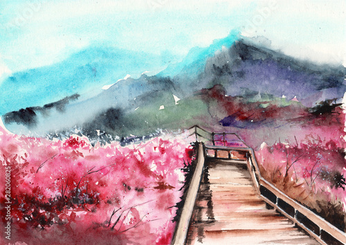 Fototapeta Akwarela obraz kwitnących drzew sakury, drewnianego mostu i mglistych odległych gór