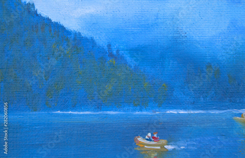 Couple in love on an orange rubber boat floating on a mountain lake. Painting on canvas